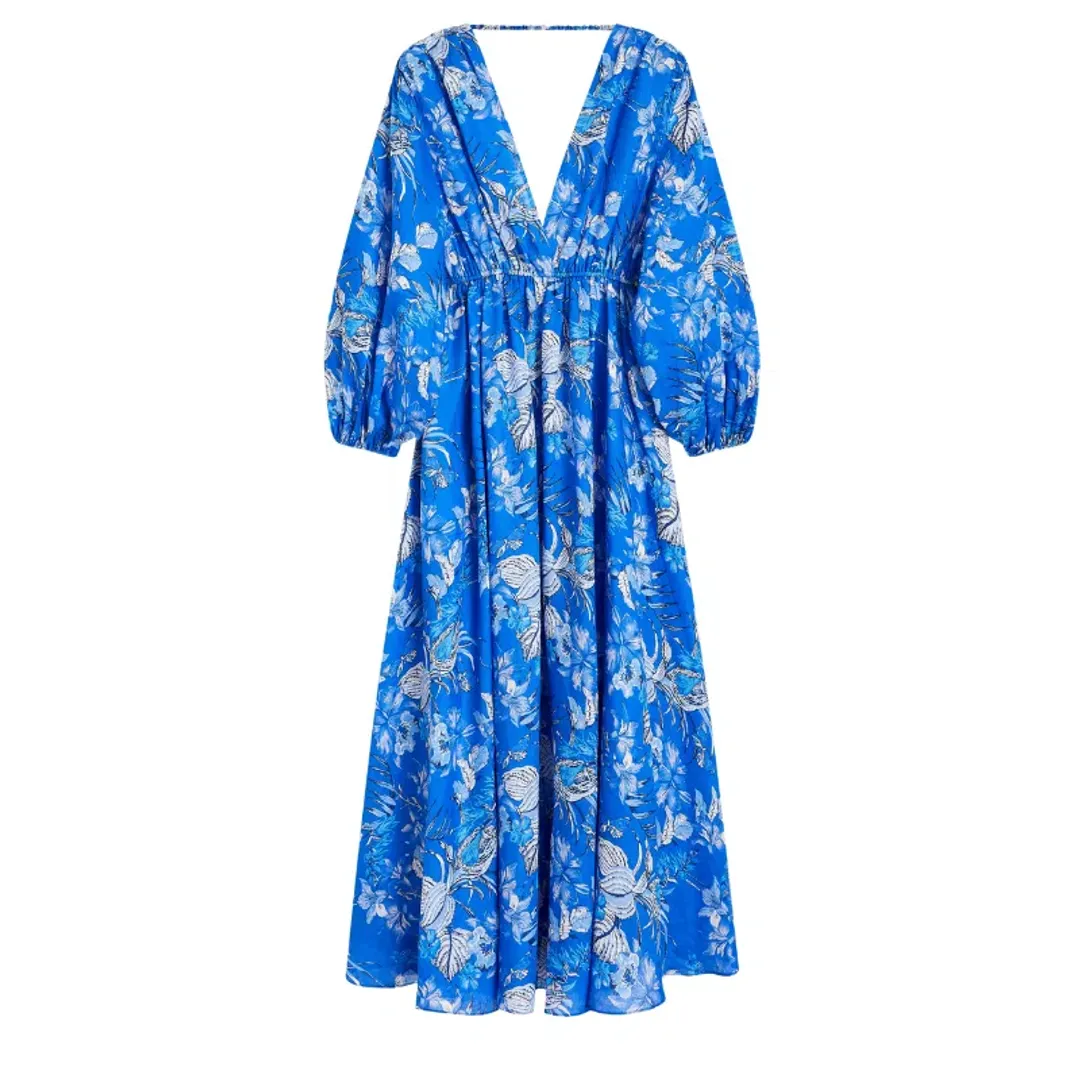 Blue paisley floral linen dress for rent on The Volte - main image