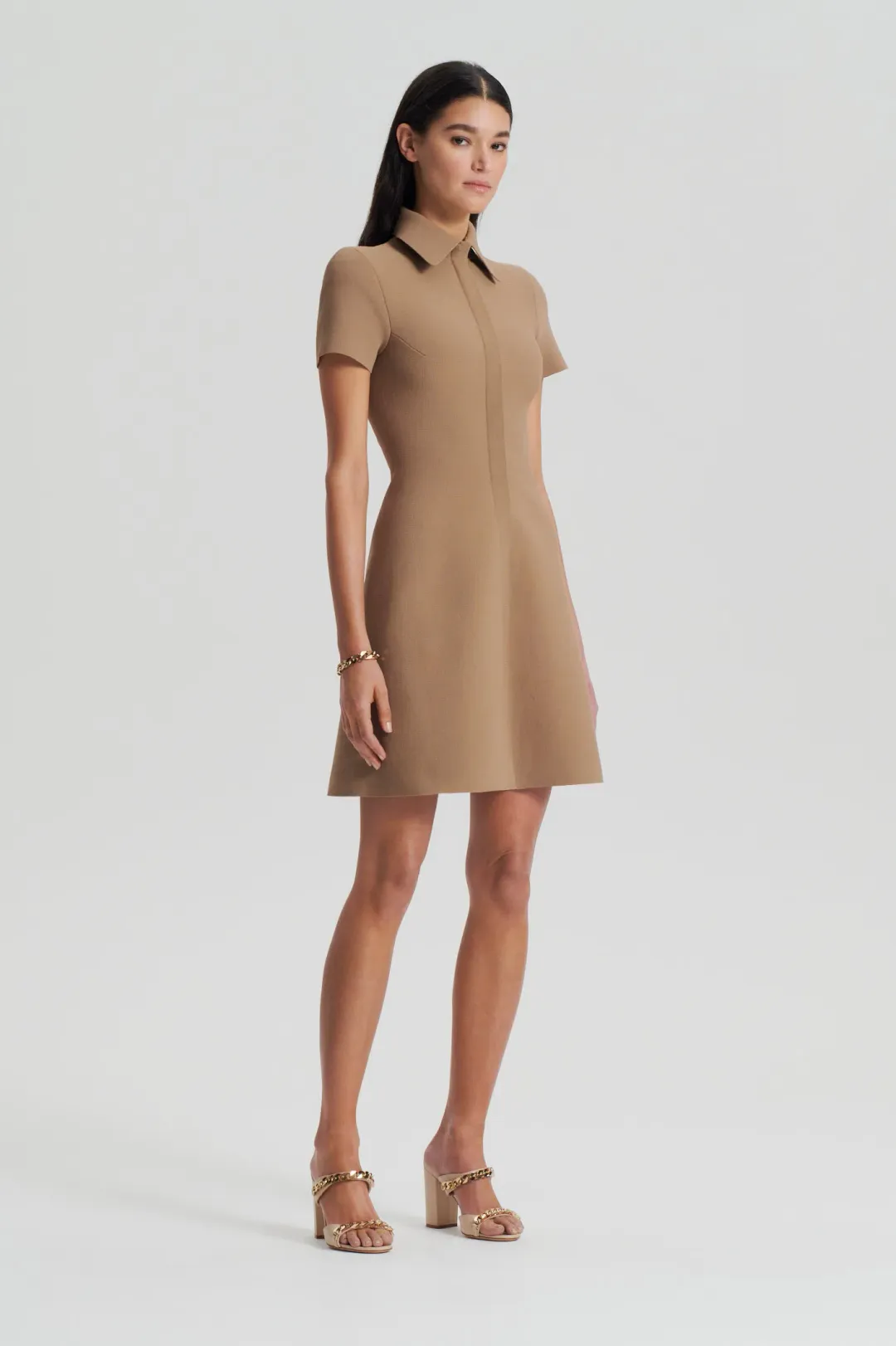 Crepe Knit Zip Shirt Mini Dress Camel for rent on The Volte - main image