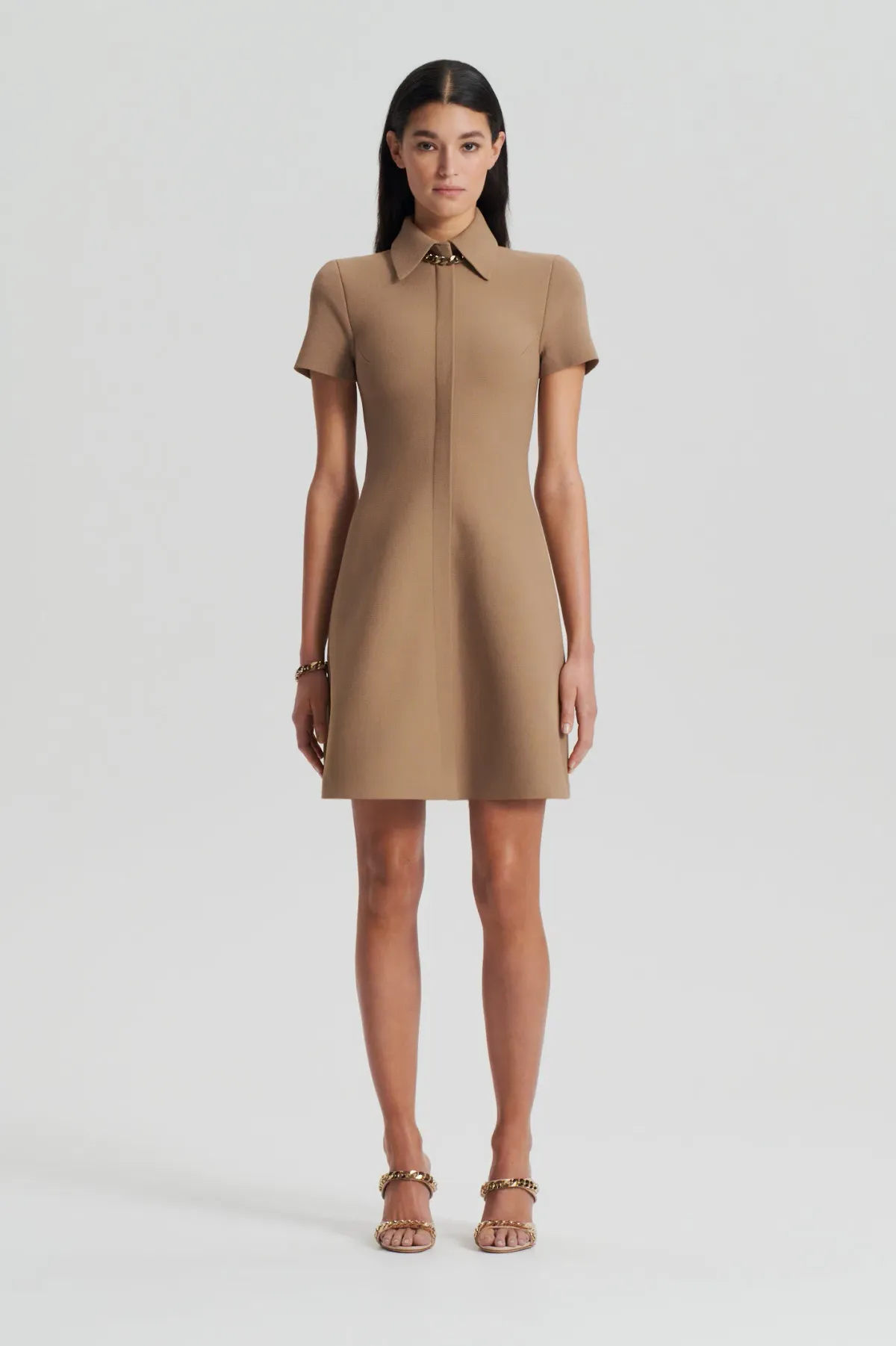 Crepe Knit Zip Shirt Mini Dress Camel for rent on The Volte - main image