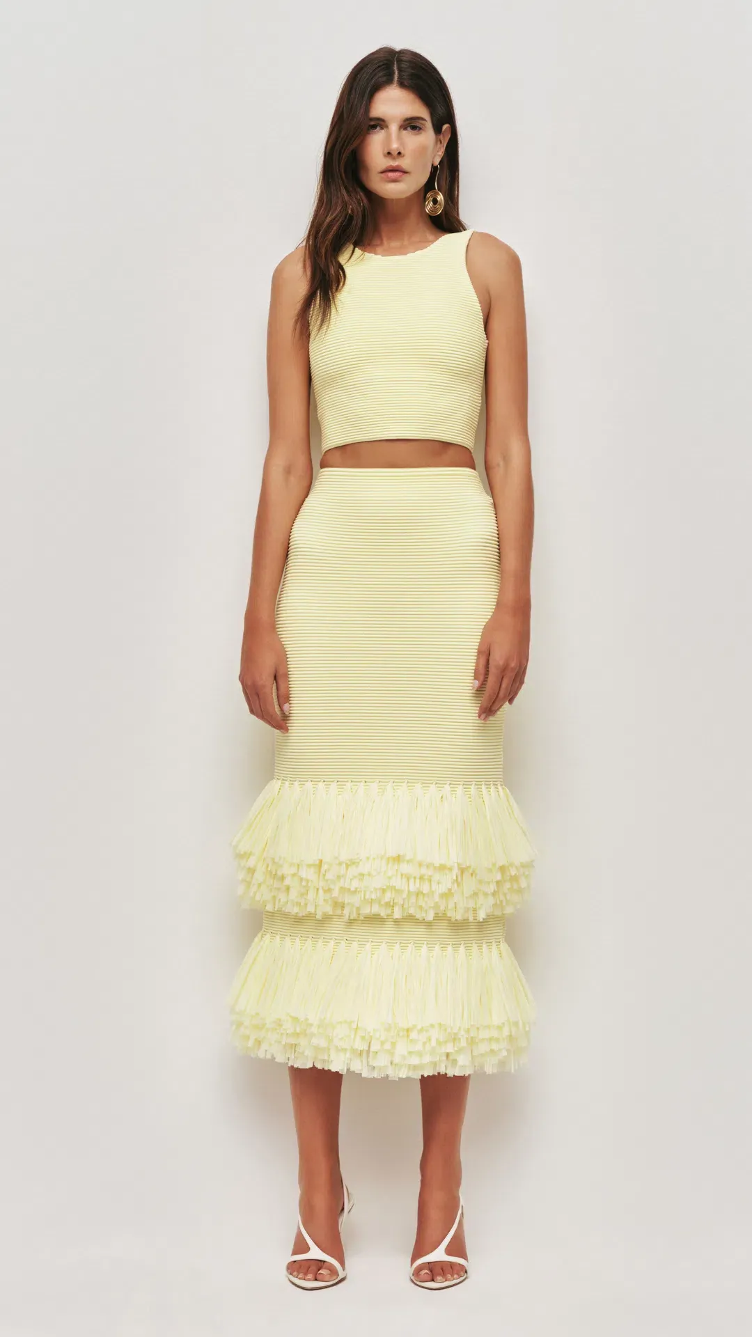 AJE Agave Knit Top and Raffia Midi Skirt in Lemon Size S (8) for rent on The Volte - main image