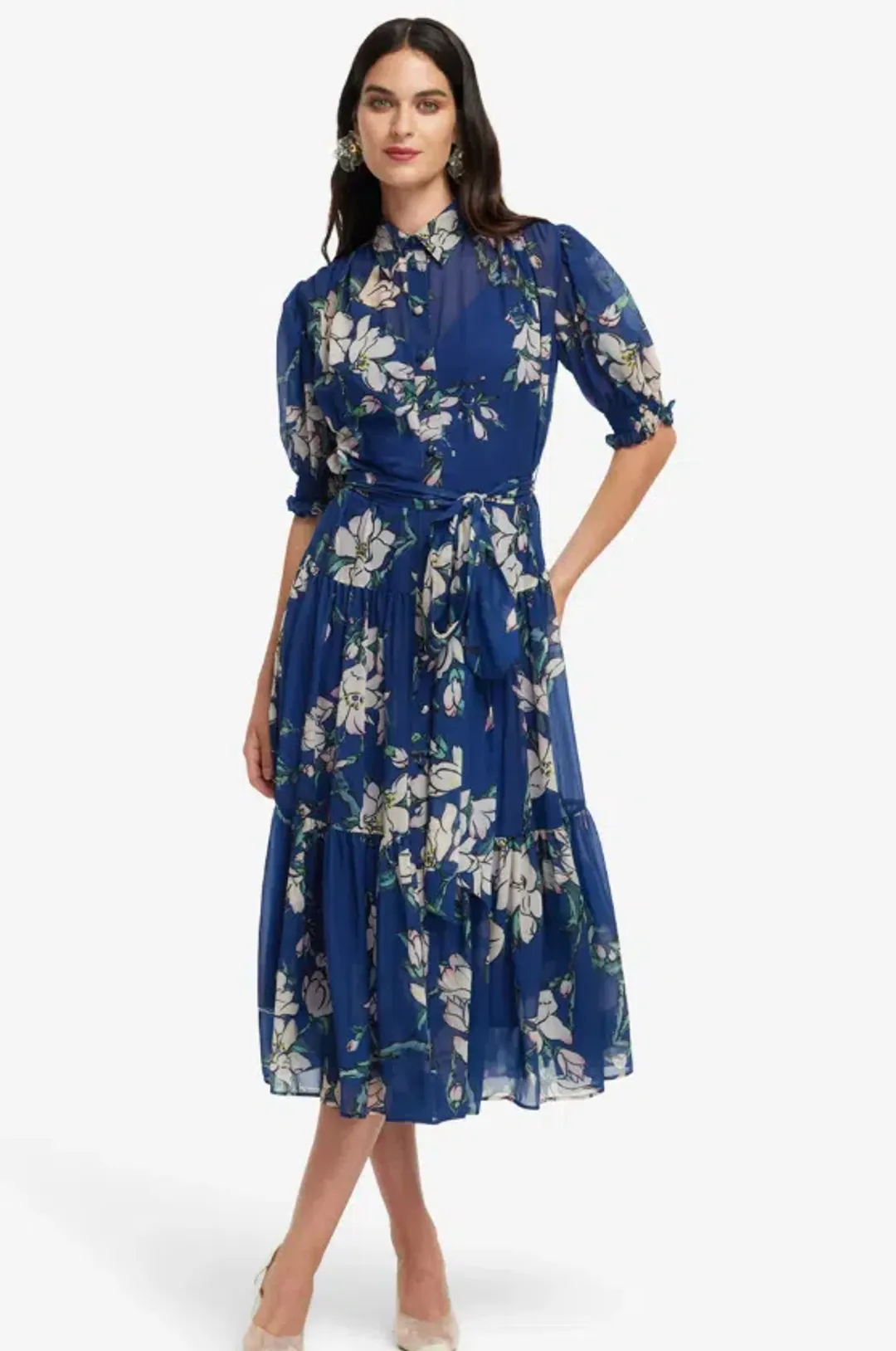Leo Lin Midnight Magnolia Print Blue Ellie Biship Sleeve Midi Dress - 10 for rent on The Volte - main image