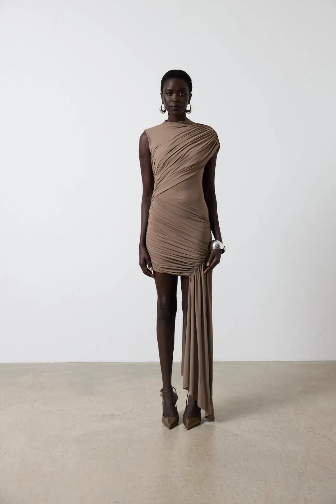 De La Vali Ravenna Mini Dress in Taupe Size AU 10 for rent on The Volte - main image