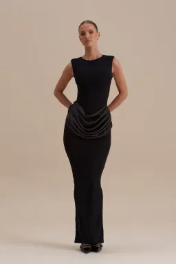 Wanderdoll Eman sleeveless slash neck satin drape waist detail bodycon maxi dress in black Size 12 for rent on The Volte - image 1