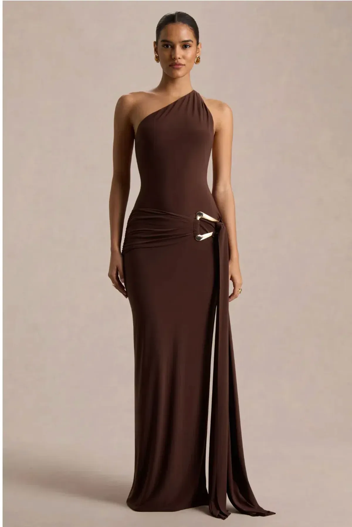 Bonnie Brown Asymmetric-Neck Maxi Dress With Open-Back for rent on The Volte - main image