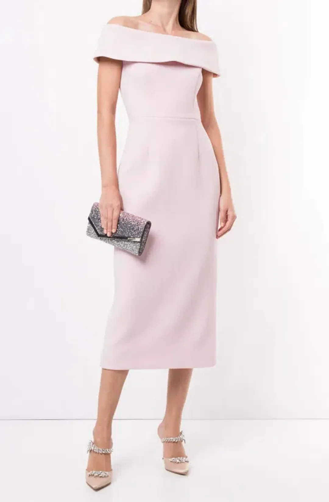 Rebecca Vallance - Amore Off Shoulder Midi Dress Light Pink - 10  for rent on The Volte - main image