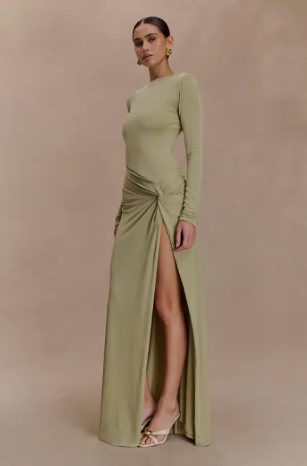 MESHKI Deanna Long Sleeve Gathered Maxi Dress - Sage for rent on The Volte - main image