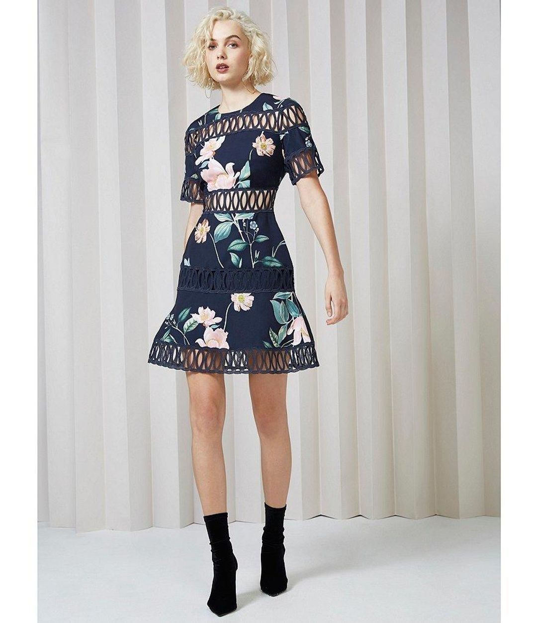 Keepsake the Label Whispers Floral Crochet Mini Dress Navy Garden Floral Size 8 for rent on The Volte - main image