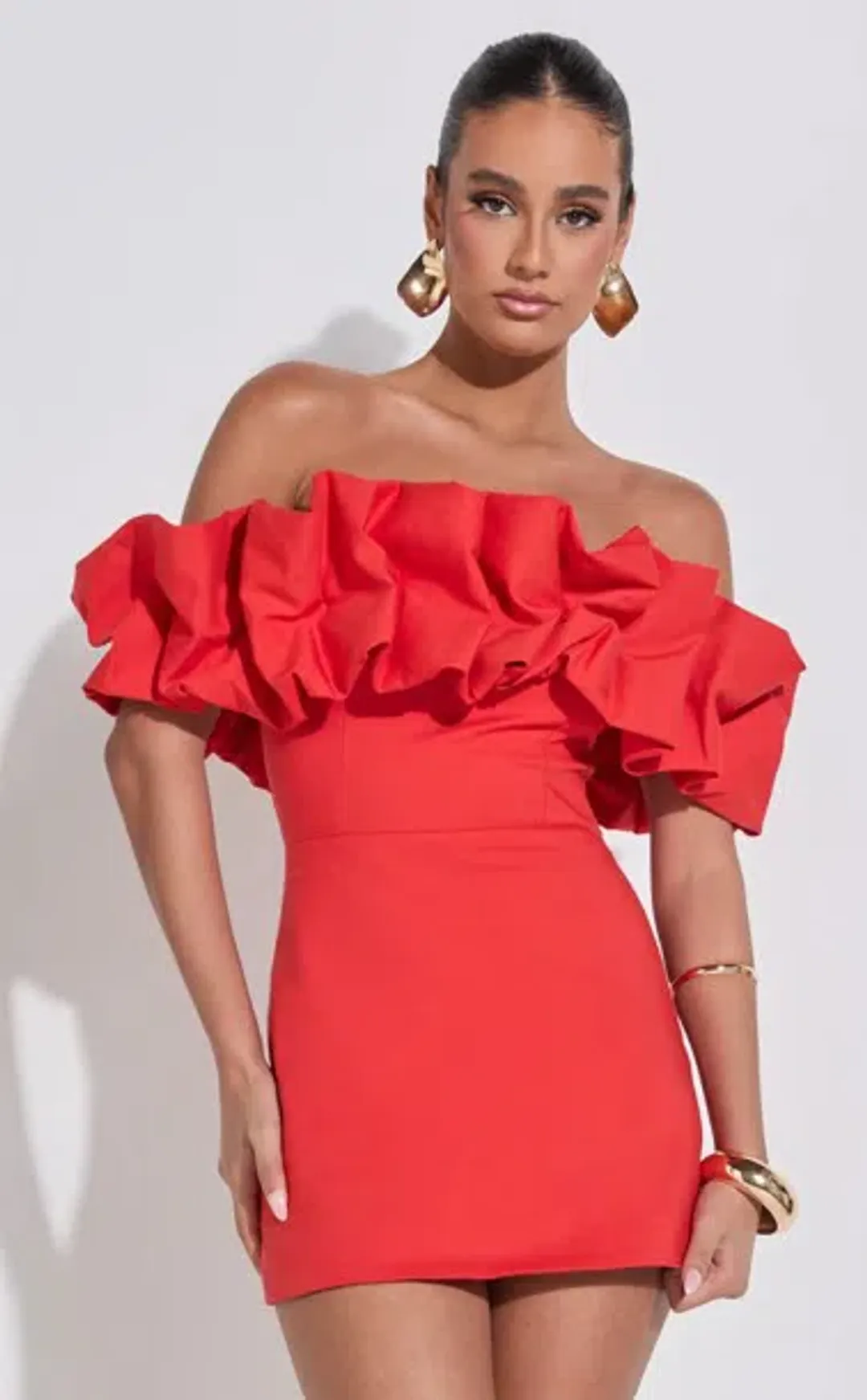 Showpo Off Shoulder Coraline Mini Dress in Red size 6 SOLD OUT for rent on The Volte - main image