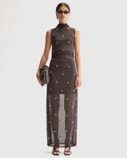 Elka Collective Elara Brown Mesh Beaded Maxi Dress for rent on The Volte - image 1