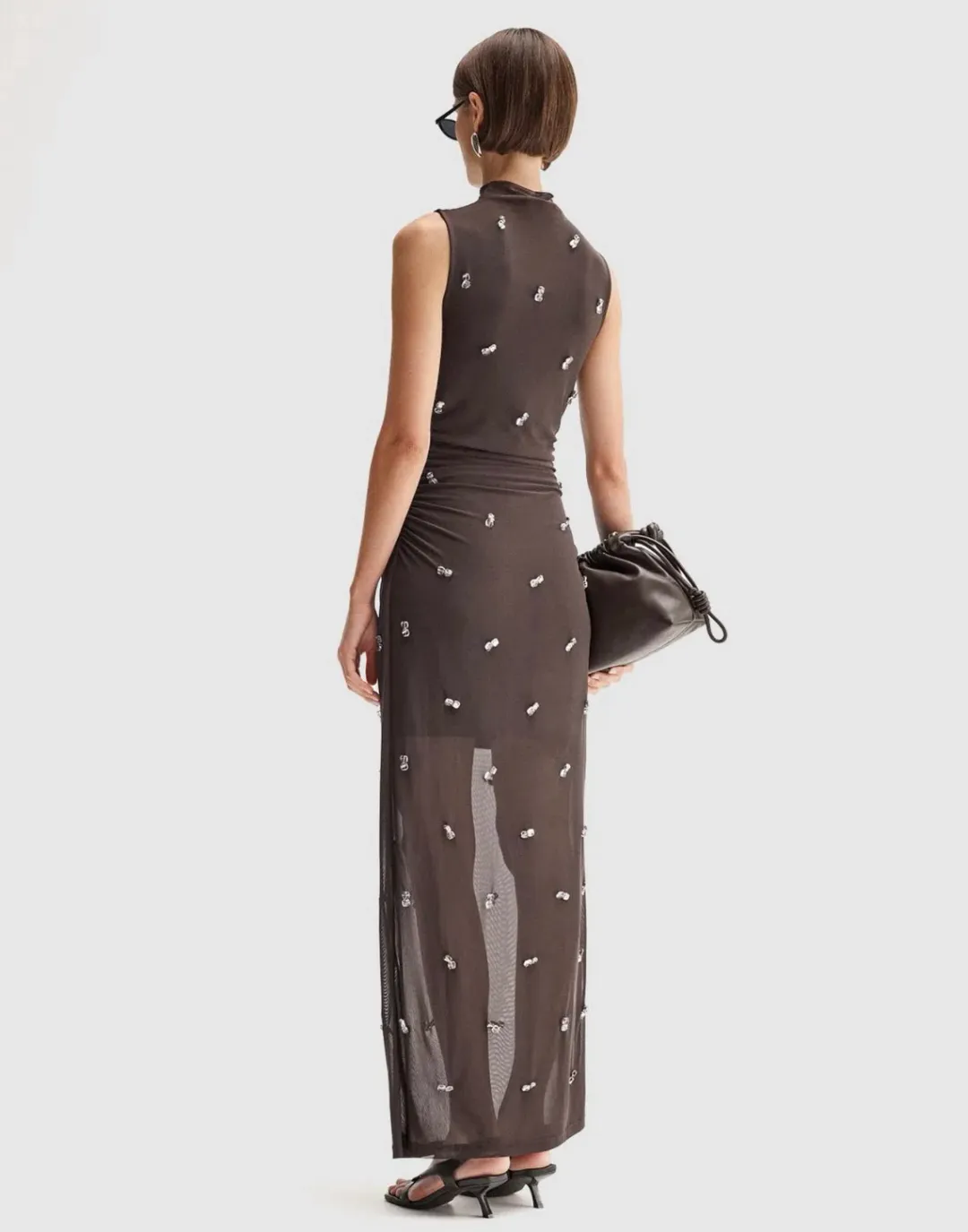 Elka Collective Elara Brown Mesh Beaded Maxi Dress for rent on The Volte - main image
