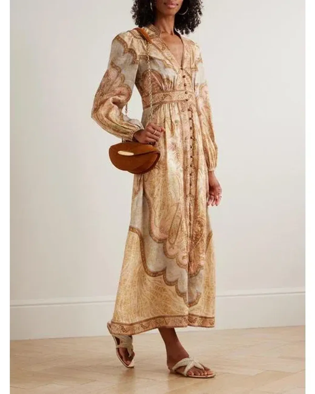 Zimmermann Wanderlust Midi Dress Size 4 / AU 16 Linen Print Plunge Billowy Long Sleeve for rent on The Volte - main image