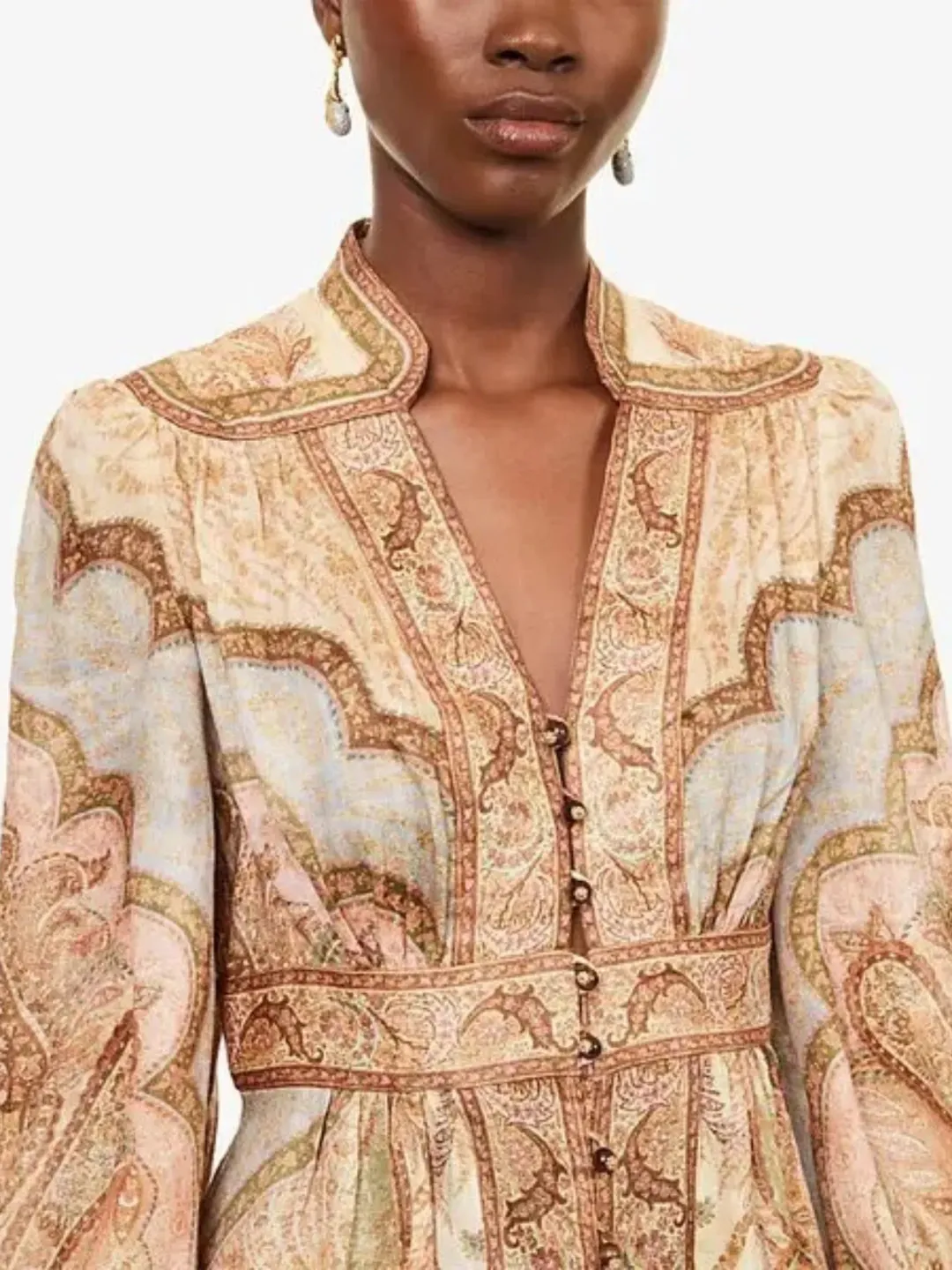 Zimmermann Wanderlust Midi Dress Size 4 / AU 16 Linen Print Billowy Long Sleeve for rent on The Volte - main image