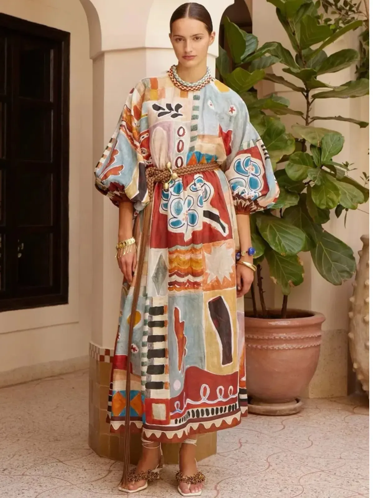 Alemais Michelle Dress Size 16 Printed Ramie Long Sleeve Midi for rent on The Volte - main image