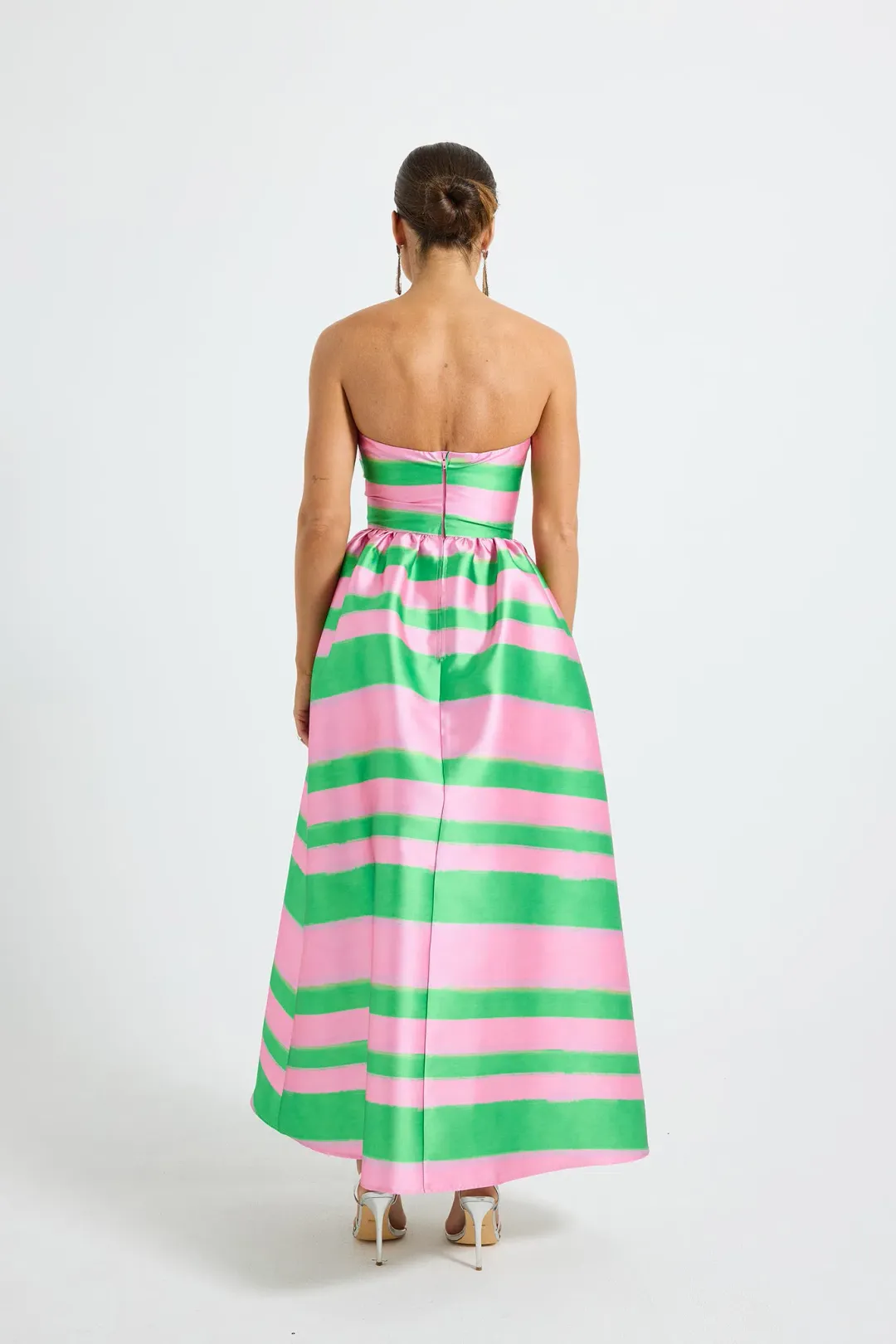 Pasduchas Gigi Strapless Midi Dress in Watermelon Green/Pink Stripe Print Size 12 for rent on The Volte - main image
