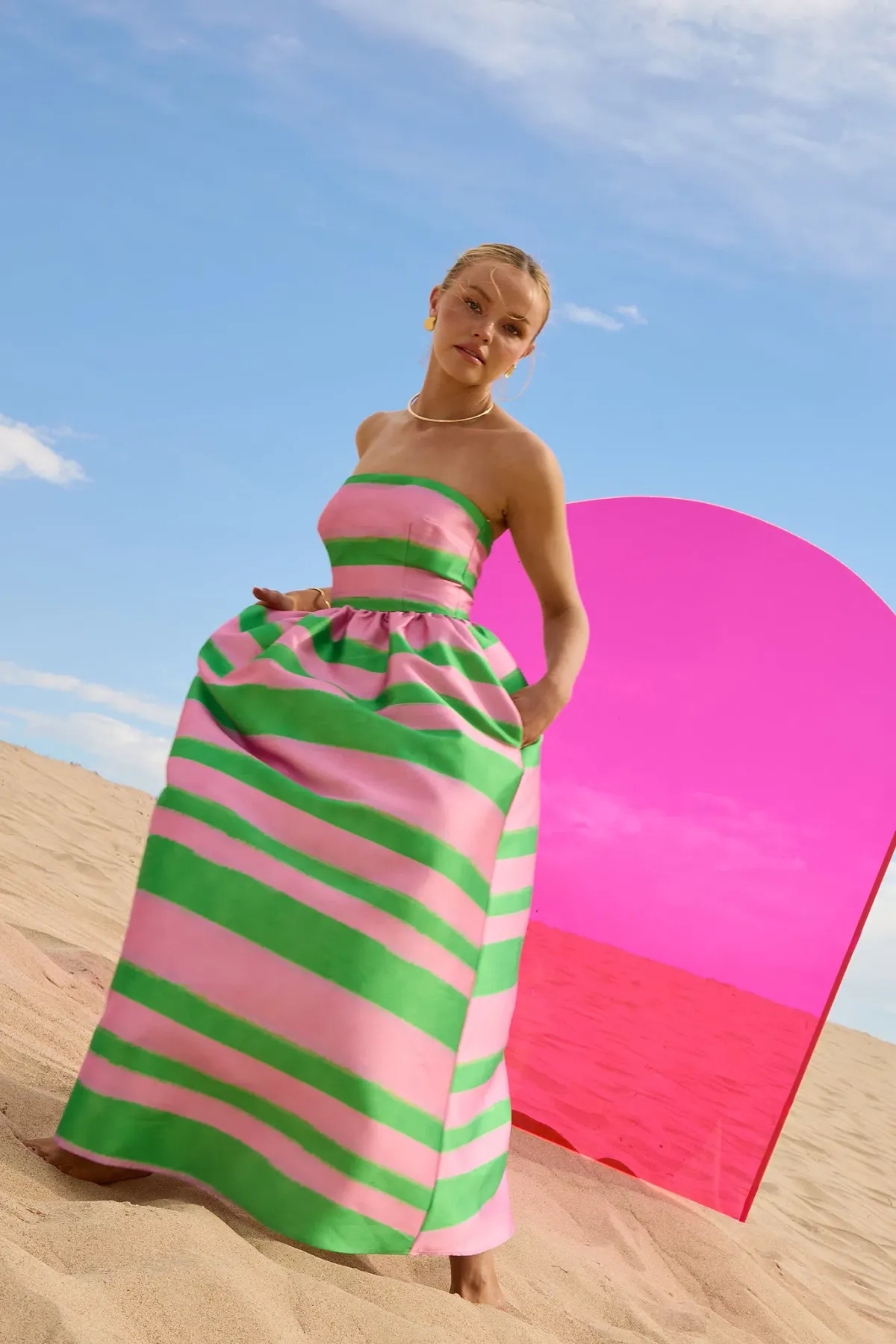 Pasduchas Gigi Strapless Midi Dress in Watermelon Green/Pink Stripe Print Size 12 for rent on The Volte - main image