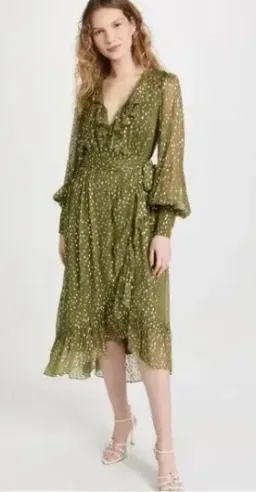 Zimmermann Lurex Wrap Midi Dress in Khaki, Size 3 or 12/14 for rent on The Volte - image 2