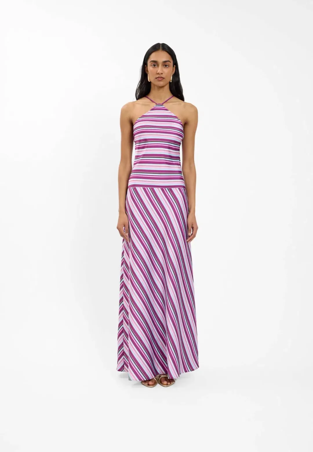WITH HARPER LU | HALTER MAXI DRESS | VIOLET STRIPE | SIZE M/10 for rent on The Volte - main image