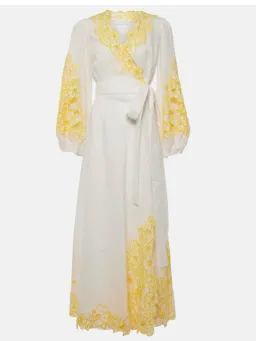 Zimmermann Golden Embroidered Midi Dress | White/Yellow, Wrap Style Size 3 /14 Anglaise, Dolman for rent on The Volte - image 2