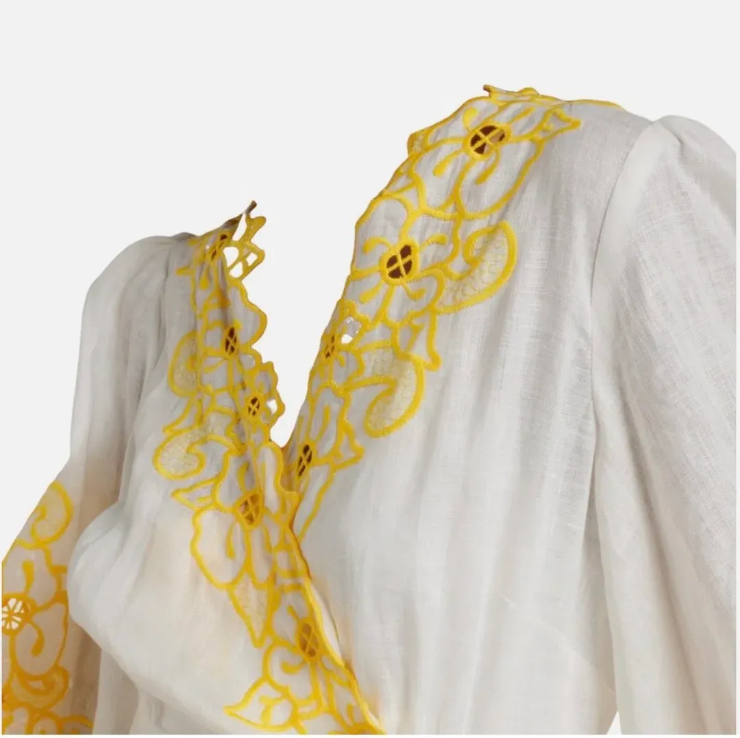 Zimmermann Golden Embroidered Midi Dress | White/Yellow, Wrap Style Size 3 /14 Anglaise, Dolman for rent on The Volte - main image
