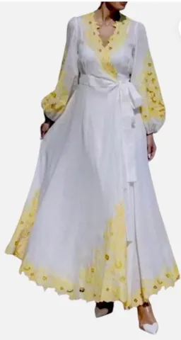 Zimmermann Golden Embroidered Midi Dress | White/Yellow, Wrap Style Size 3 /14 Anglaise, Dolman for rent on The Volte - image 5