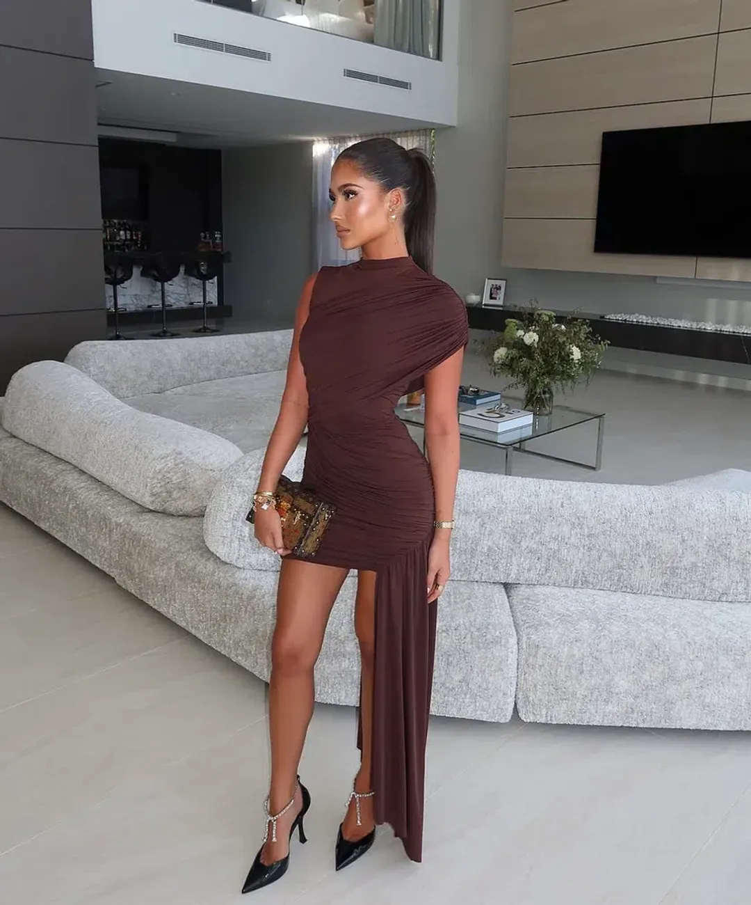 De La Vali Ravenna Mini Dress in Chocolate Brown Size Small for rent on The Volte - main image