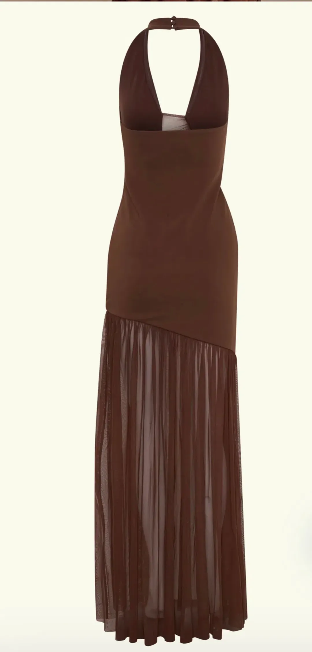 Meshki Aubree Crepe Mesh Maxi Dress - Chocolate  for rent on The Volte - main image