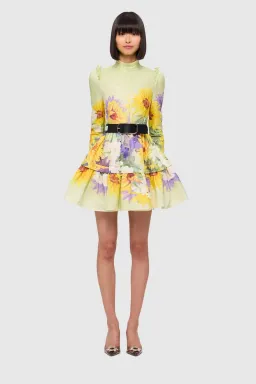 Leo Lin Christina High Neck Mini Dress - Sunflower Print in Green. Size 10 for rent on The Volte - image 2