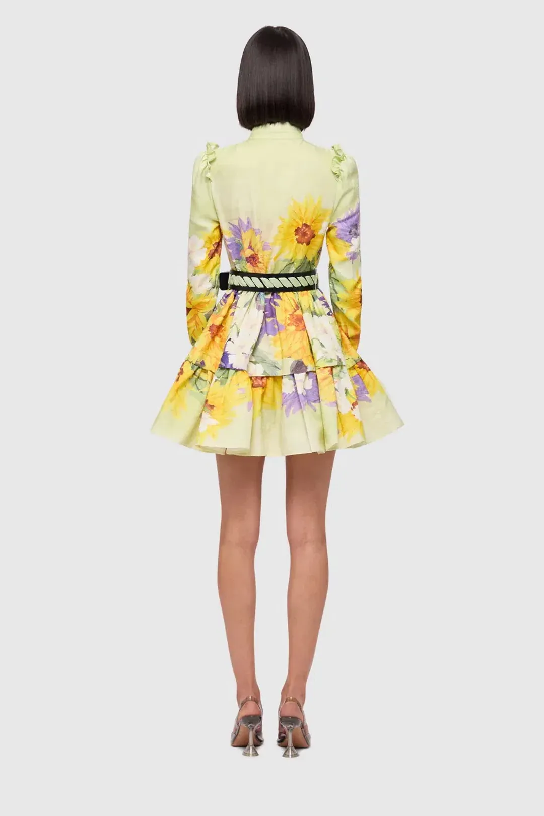 Leo Lin Christina High Neck Mini Dress - Sunflower Print in Green. Size 10 for rent on The Volte - main image