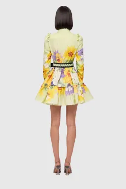 Leo Lin Christina High Neck Mini Dress - Sunflower Print in Green. Size 10 for rent on The Volte - image 3