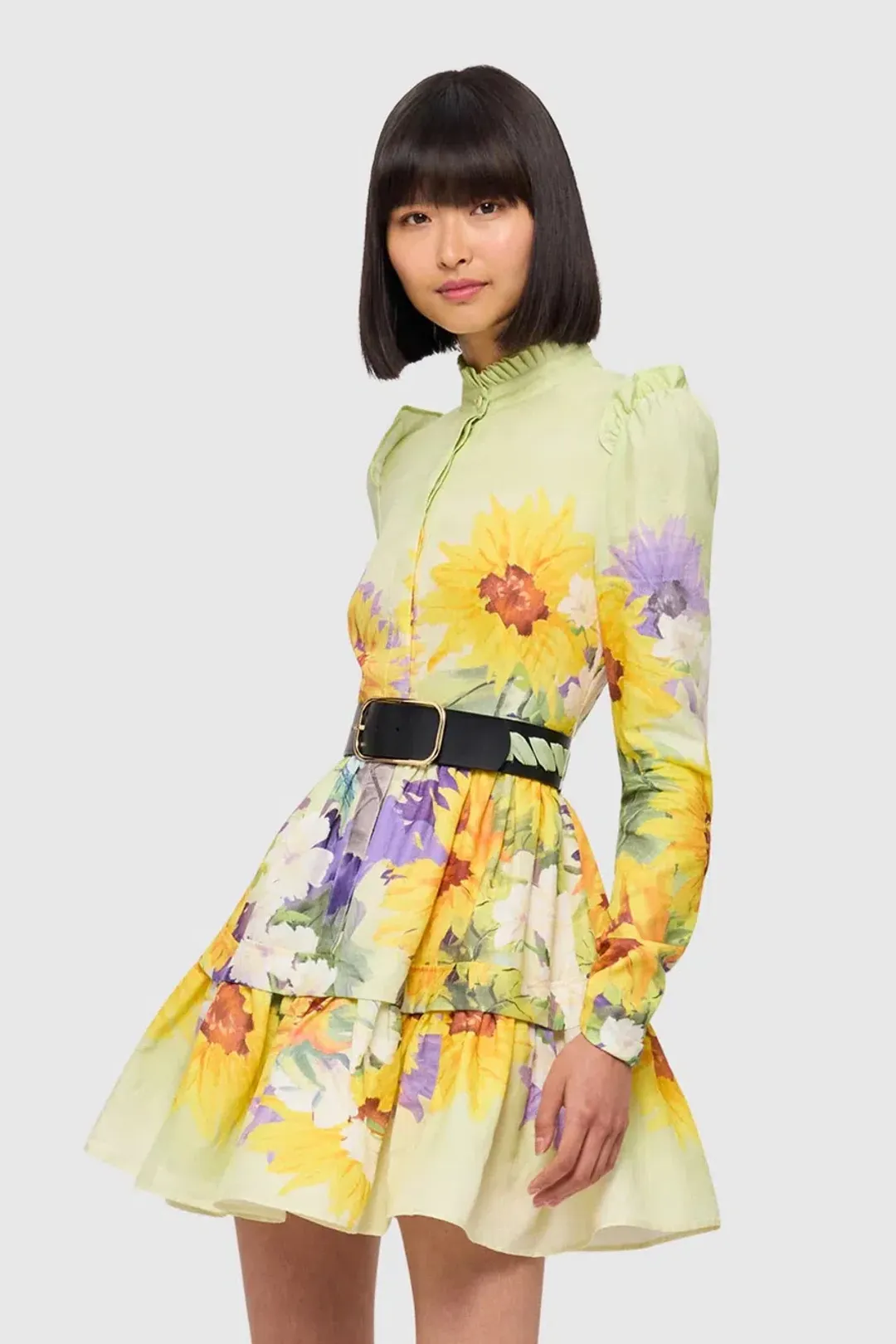 Leo Lin Christina High Neck Mini Dress - Sunflower Print in Green. Size 10 for rent on The Volte - main image