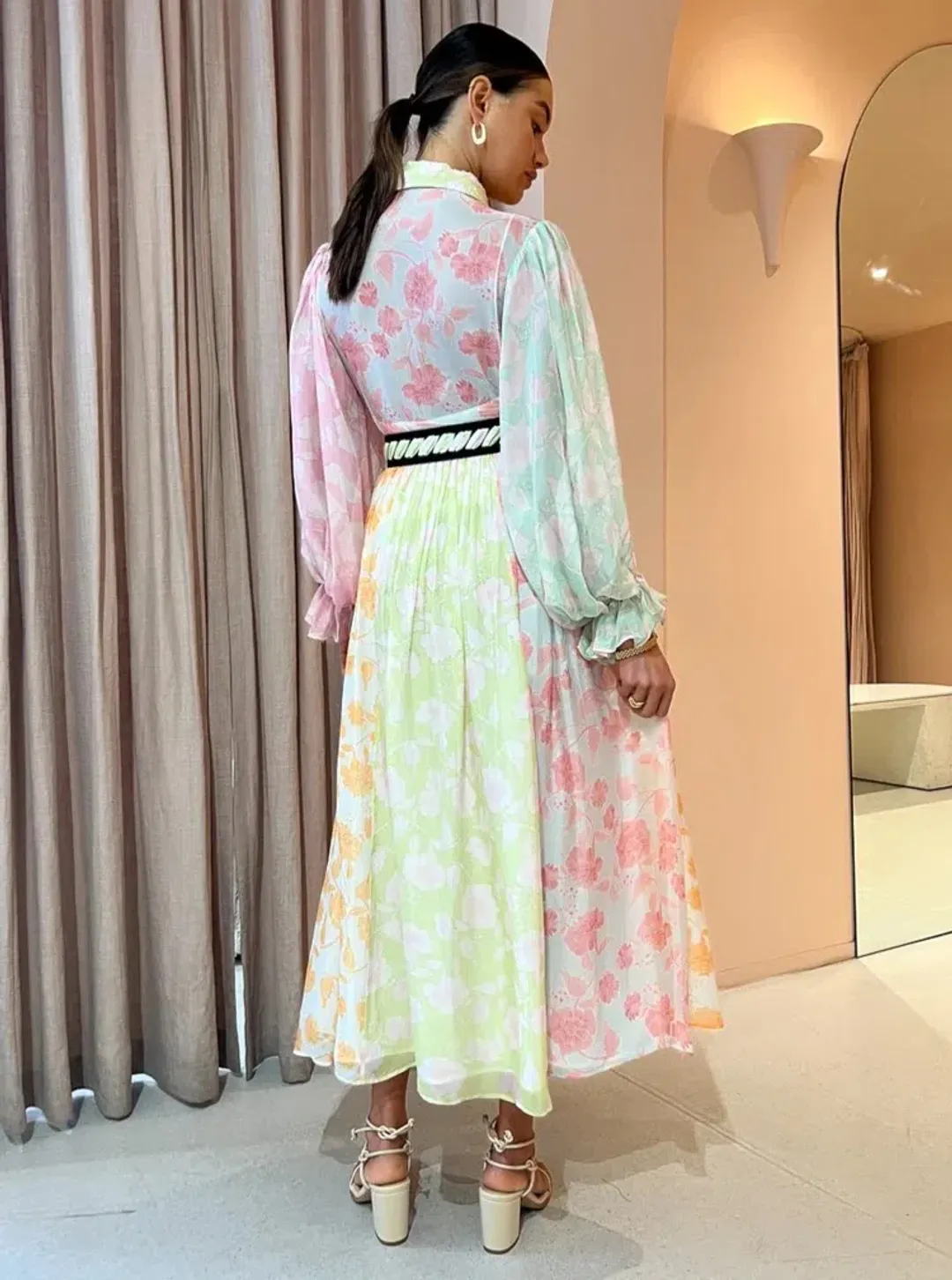 Leo Lin Cassie Tie Neck Midi Dress Anemone Splice Print. Size 10 for rent on The Volte - main image