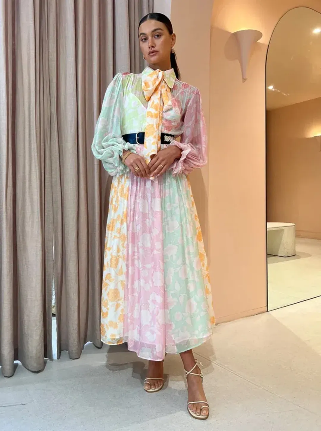 Leo Lin Cassie Tie Neck Midi Dress Anemone Splice Print. Size 10 for rent on The Volte - main image