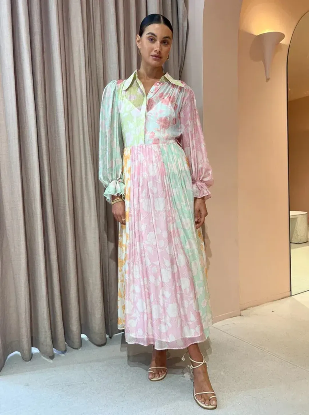 Leo Lin Cassie Tie Neck Midi Dress Anemone Splice Print. Size 10 for rent on The Volte - main image