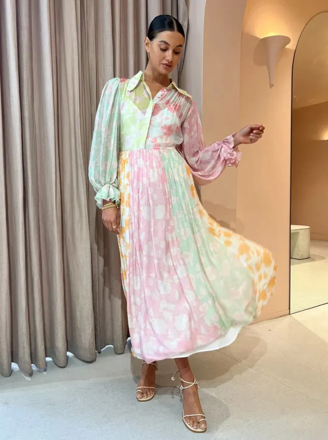 Leo Lin Cassie Tie Neck Midi Dress Anemone Splice Print. Size 10 for rent on The Volte - main image