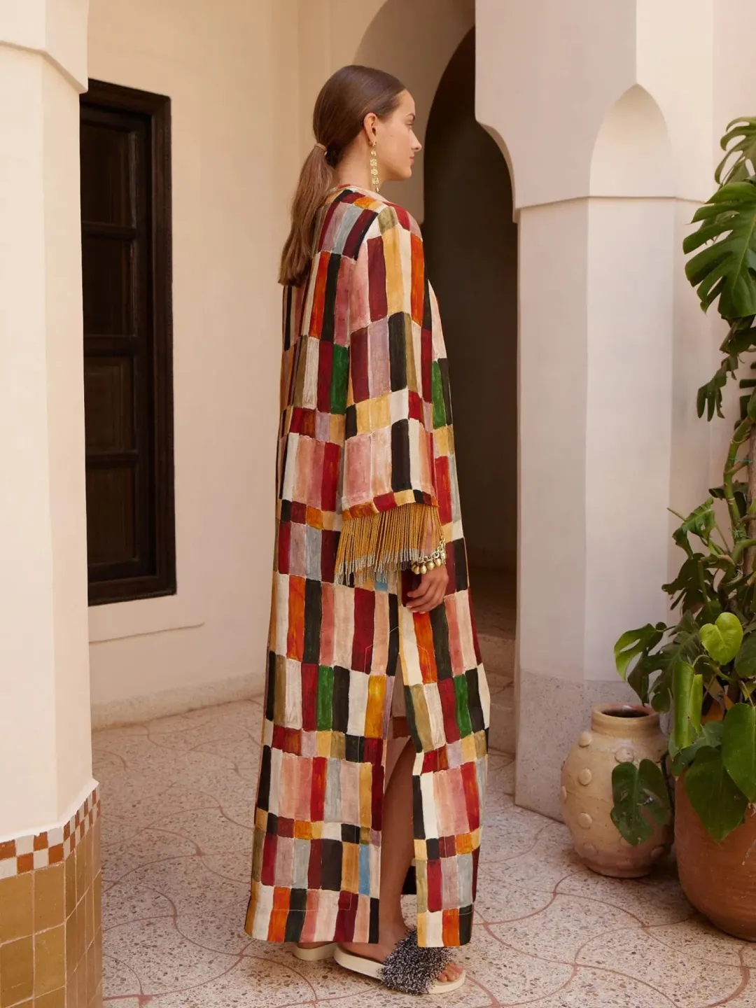 Alemais Majorelle Print Dress Size 16 Linen Silk Fringed Long Sleeve Maxi Tunic for rent on The Volte - main image