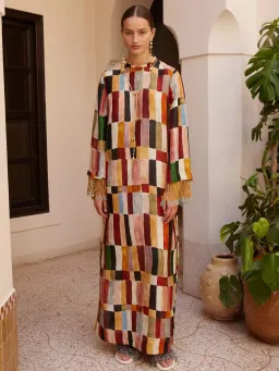 Alemais Majorelle Print Dress Size 16 Linen Silk Fringed Long Sleeve Maxi Tunic for rent on The Volte - image 1