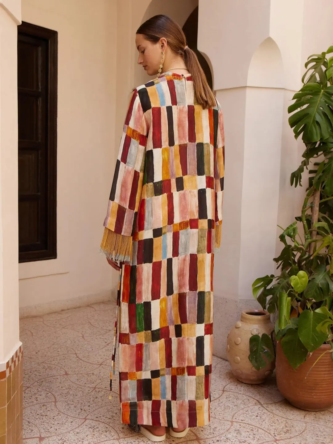 Alemais Majorelle Print Dress Size 16 Linen Silk Fringed Long Sleeve Maxi Tunic for rent on The Volte - main image