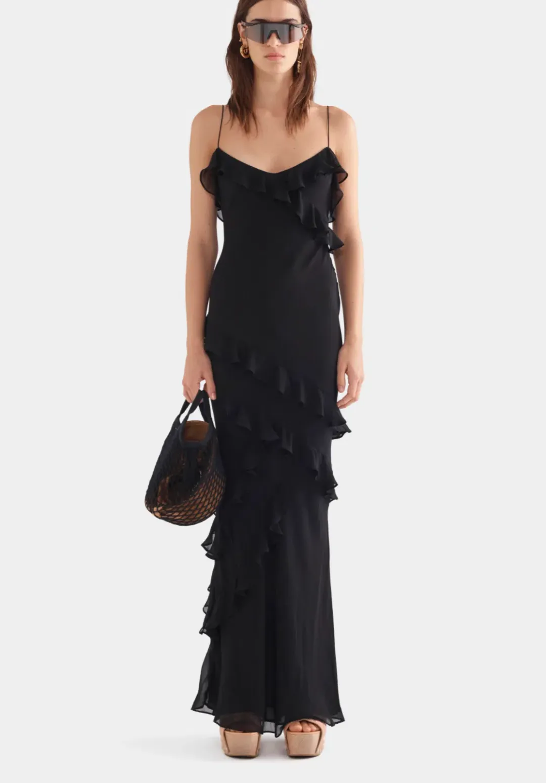 Venroy Silk Ruffle Slip Dress - Black XS / AU 6 for rent on The Volte - main image