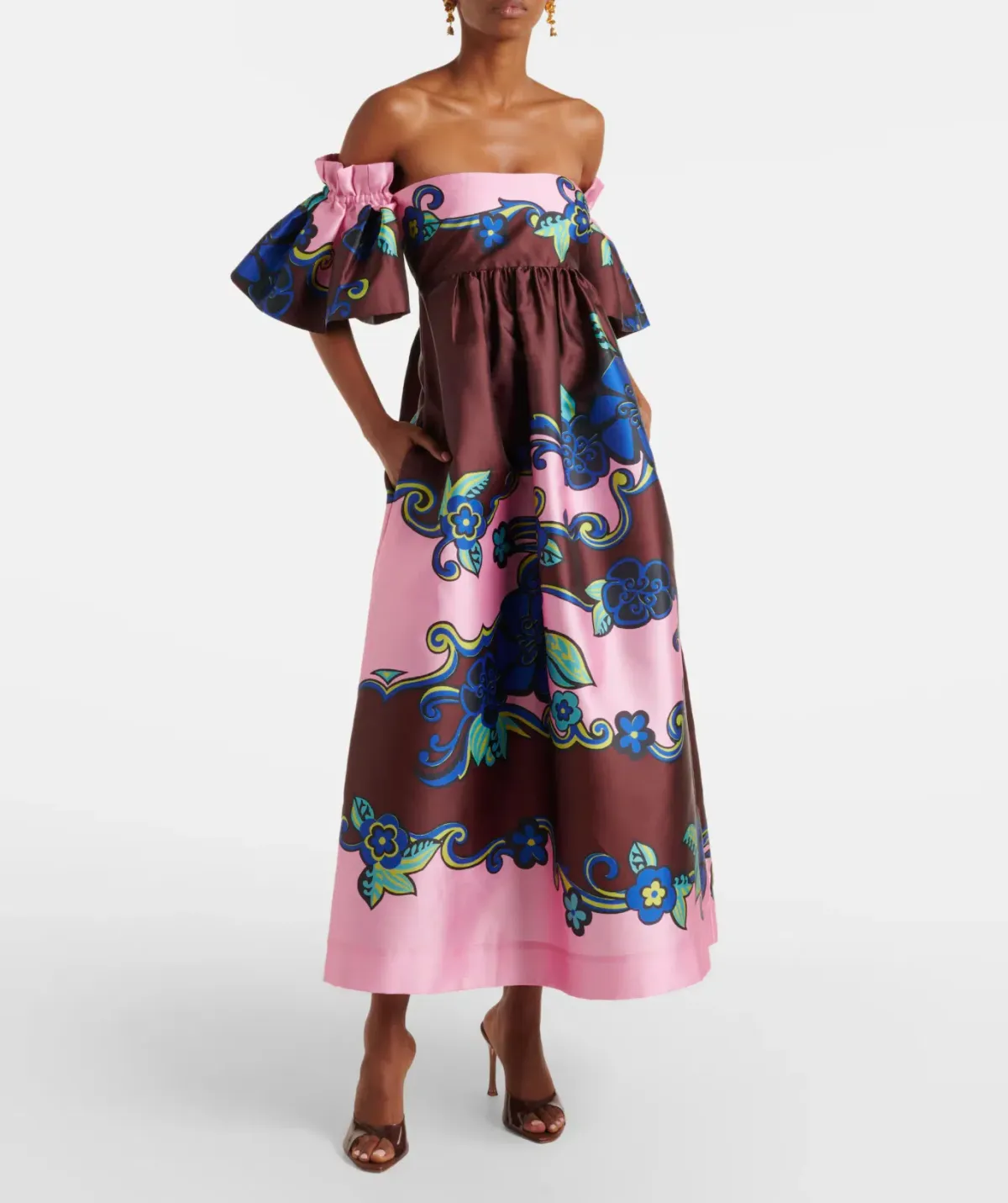 ALEMAIS AZALEA OFF-SHOULDER SATIN MIDI DRESS FLORAL SIZE AU 14 for rent on The Volte - main image