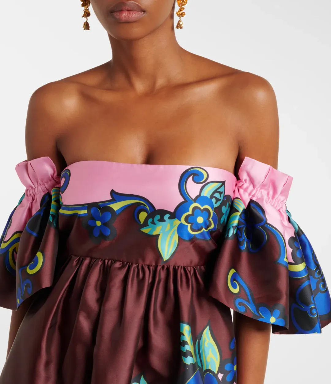 ALEMAIS AZALEA OFF-SHOULDER SATIN MIDI DRESS FLORAL SIZE AU 14 for rent on The Volte - main image