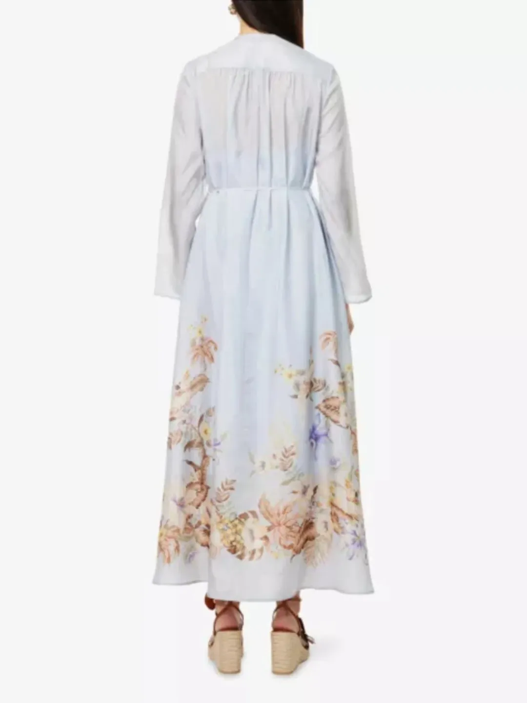 Zimmermann Coco Billow Maxi Dress Size 4 / AU 16 Silk Powder Blue Floral Print Long Sleeve  for rent on The Volte - main image