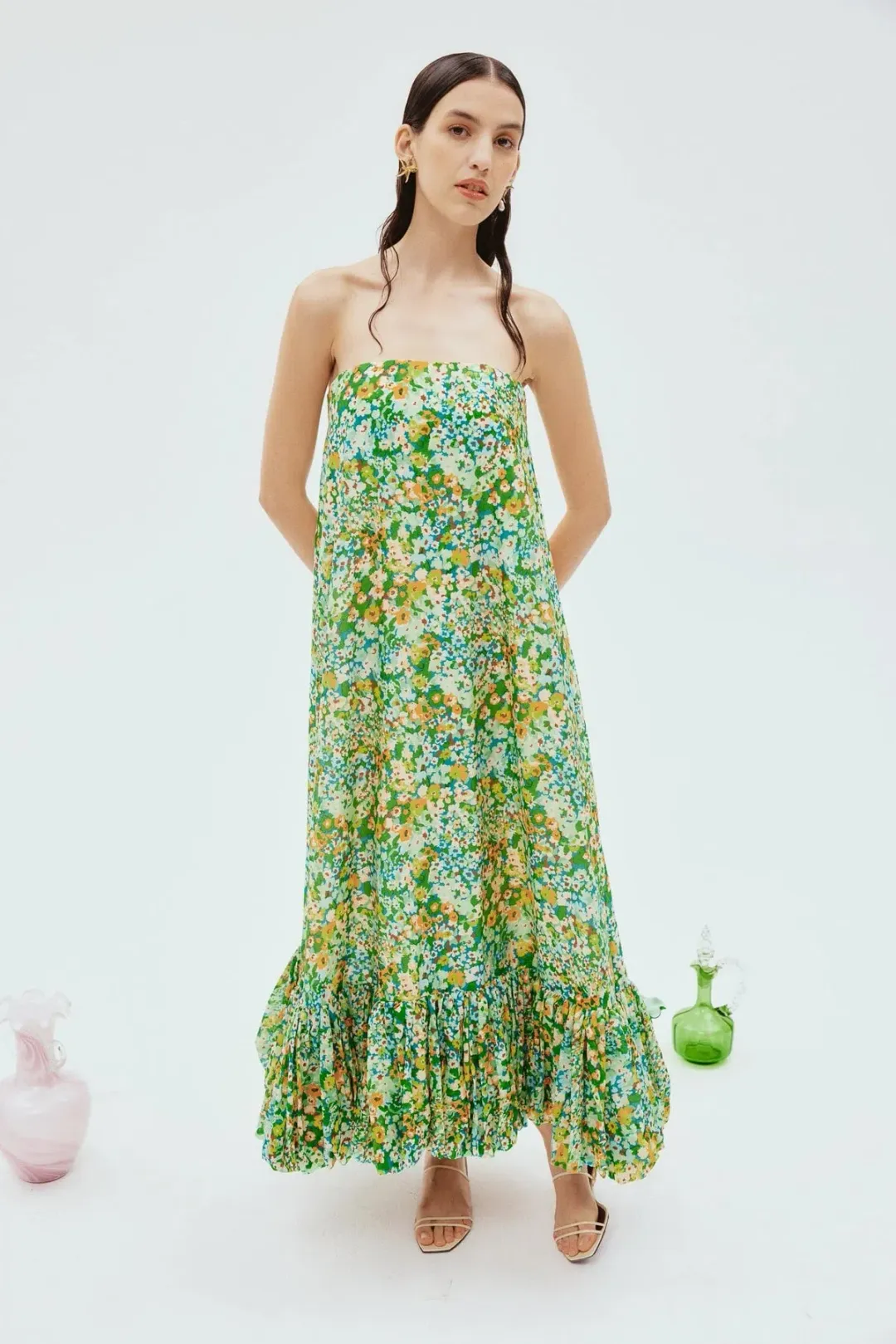 Alémais Francis Bubble Midi Dress in Green Floral Size AU 14 for rent on The Volte - main image