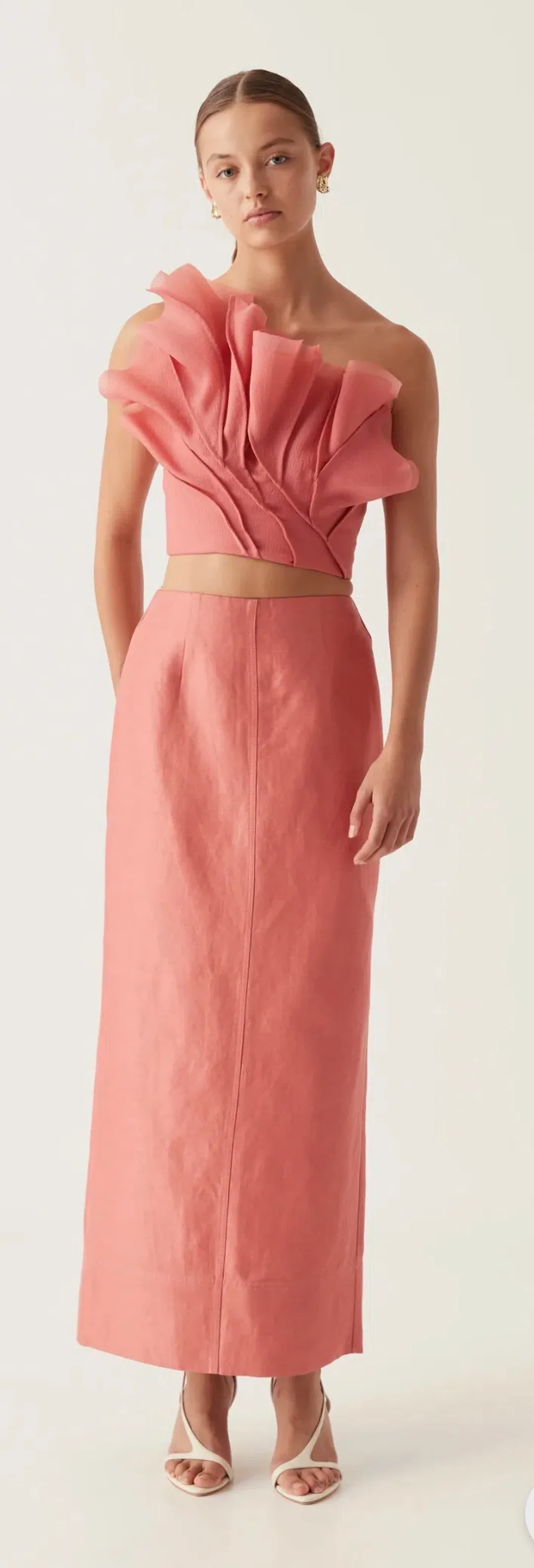 Aje - Flame crop top & Mary column maxi set, guava pink, size 8 for rent on The Volte - main image