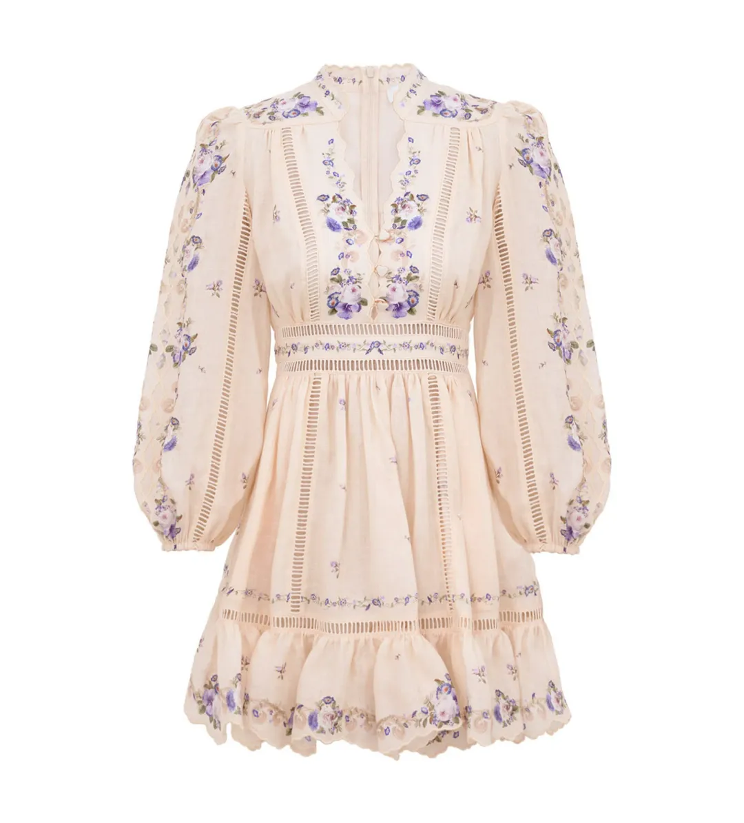 Zimmermann Patience Plunge Mini Dress Cream/Purple Rose Size 1 AU 10 for rent on The Volte - main image