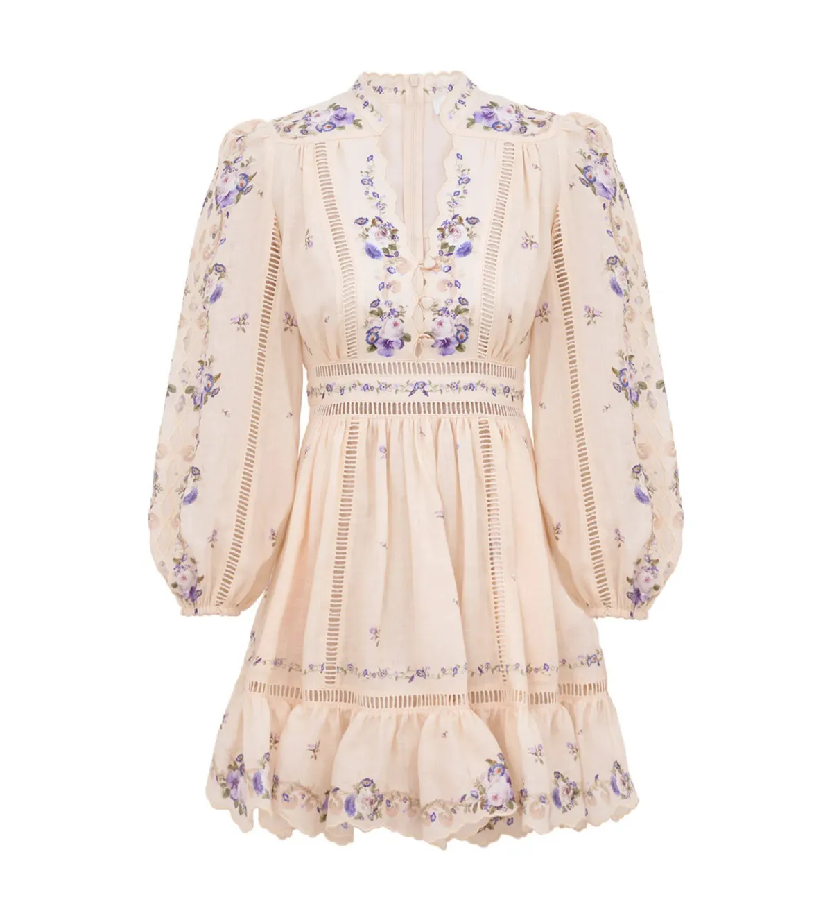 Zimmermann Patience Plunge Mini Dress Cream/Purple Rose Size 1 AU 10 for rent on The Volte - main image