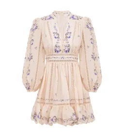 Zimmermann Patience Plunge Mini Dress Cream/Purple Rose Size 1 AU 10 for rent on The Volte - image 1
