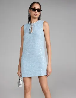 Self Portrait Blue Sequin Boucle Mini Dress Size 10 for rent on The Volte - image 1