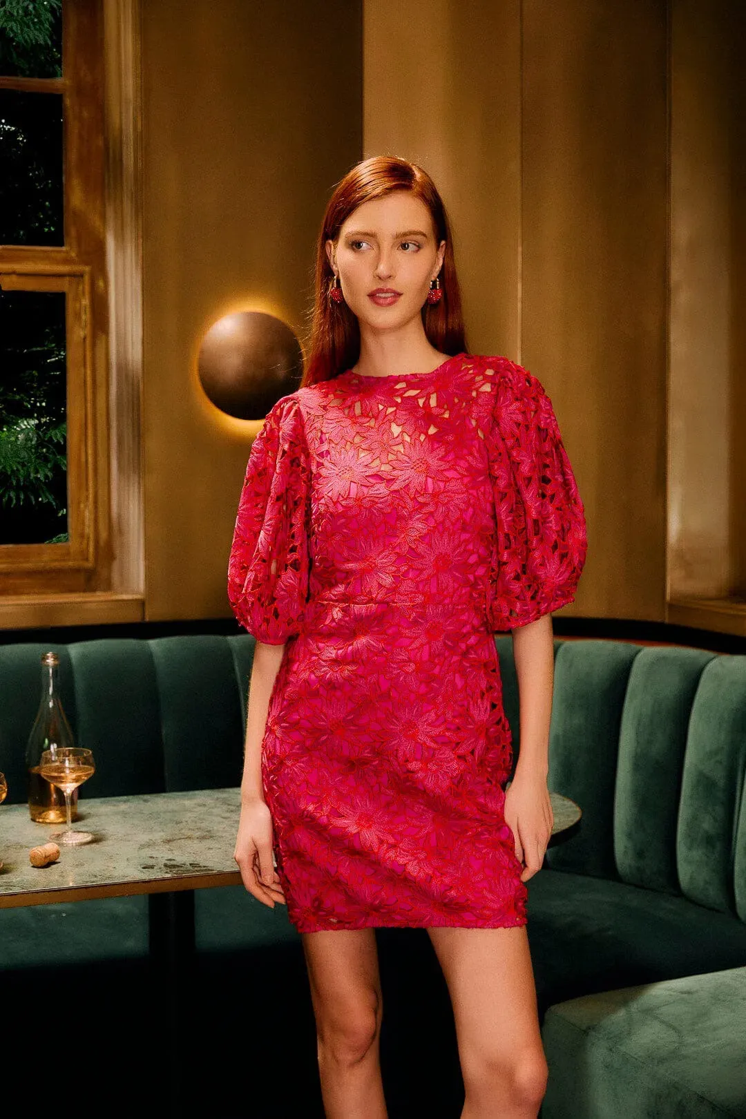 Pink Flowered Lace Puff Sleeve Lined Mini Dress S / AU 8,  for rent on The Volte - main image