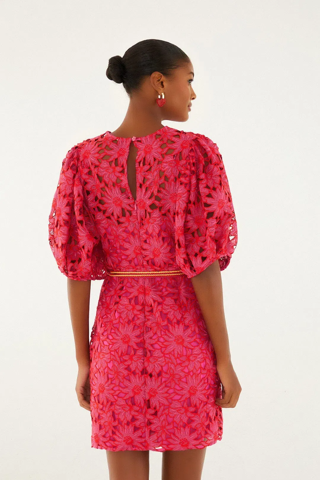 Pink Flowered Lace Puff Sleeve Lined Mini Dress S / AU 8,  for rent on The Volte - main image
