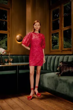 Farm Rio Pink Flowered Lace Puff Sleeve Lined Mini Dress M / AU 10 for rent on The Volte - image 3